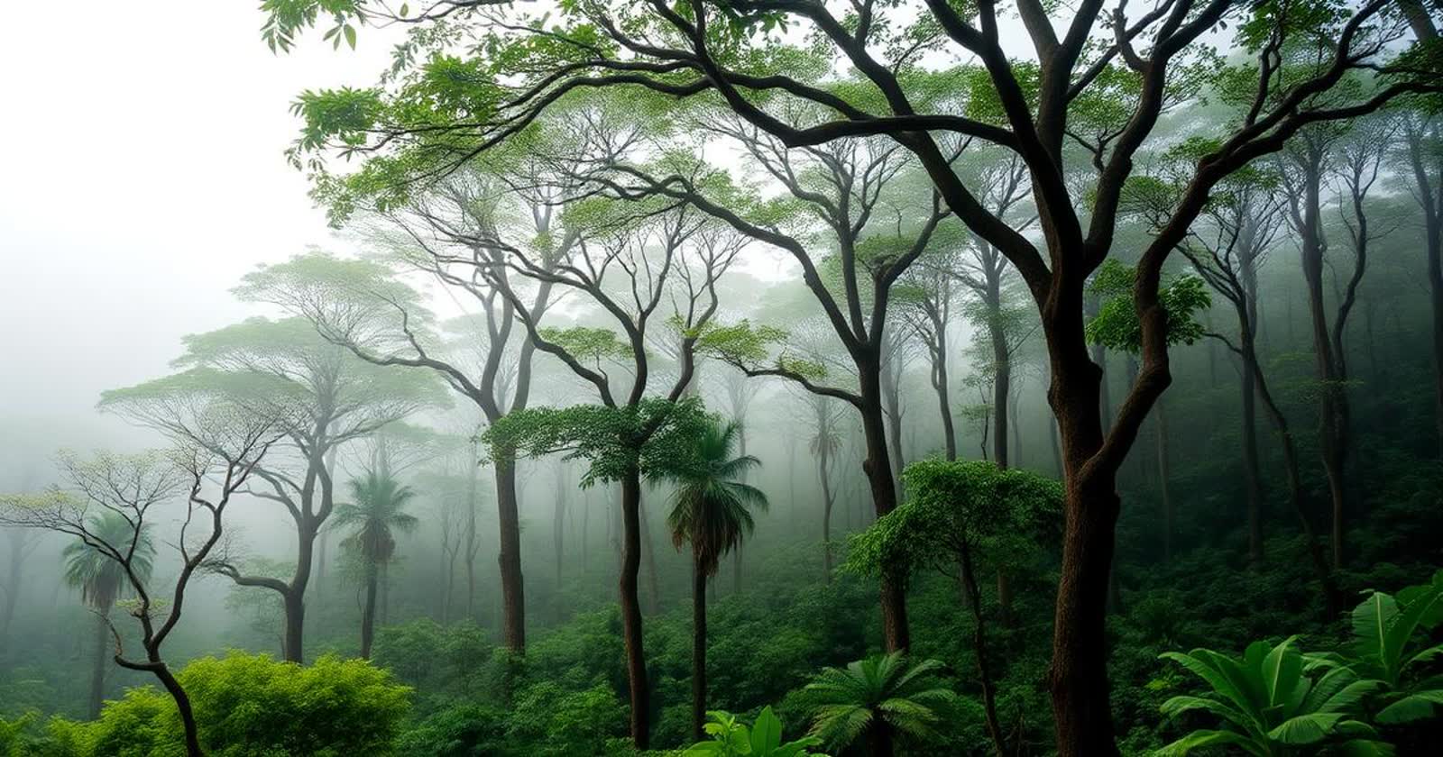 Agrofloresta de altitude em neblina, com árvores de sombra sobre o cacau.